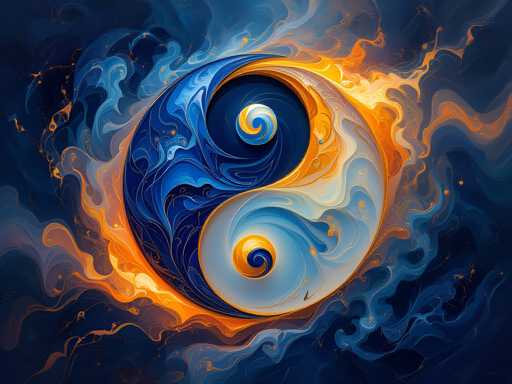 The image is a vibrant and dynamic painting of a yin-yang symbol, set against a dark blue background. The yin-yang is centrally positioned, with the left side predominantly blue and the right side primarily white. Both halves feature intricate swirls of orange and blue, creating a sense of movement and fluidity. Surrounding the yin-yang are swirling patterns of orange and blue, resembling flames or smoke, which add to the painting's energetic feel. The overall composition is visually striking, with the contrasting colors and flowing lines creating a mesmerizing effect.