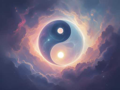 This image is a detailed, computer-generated depiction of a cosmic scene featuring a large, central yin-yang symbol. The yin-yang, which appears to be floating in the sky, is intricately designed with a dark blue, almost black, swirl on the left side and a light blue, almost white, swirl on the right. The swirls are adorned with small white dots, resembling stars, adding to the celestial theme. At the top of the dark blue swirl is a white circle, while at the bottom of the light blue swirl is a larger white circle, reminiscent of the sun. Surrounding the yin-yang are wispy, dark blue clouds that transition to lighter shades of blue and purple, with hints of pink and orange. The sky is filled with these clouds, creating a mystical atmosphere. In the upper left corner, there are a few small white dots that resemble stars, enhancing the night sky effect. The overall composition is vivid and detailed, with the yin-yang symbol perfectly centered amidst the swirling clouds and starry sky.