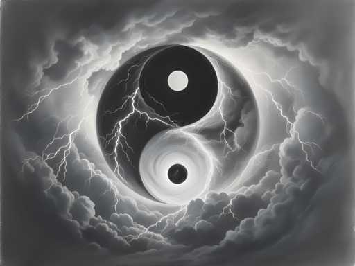 This black and white image features a striking yin-yang symbol at its center, rendered in a highly detailed and artistic manner. The yin-yang, composed of two black and white circles, is surrounded by a swirling vortex of clouds that create a dramatic and ethereal atmosphere. The clouds are illuminated by lightning bolts that streak through them, adding a dynamic and intense element to the scene. The overall composition is reminiscent of a cosmic or celestial event, with the yin-yang symbol serving as the focal point amidst the tumultuous sky. The intricate details and monochromatic palette contribute to the image's powerful and mesmerizing visual impact.