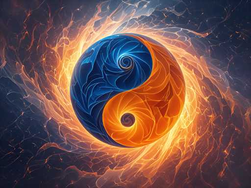 The image shows a vibrant and abstract representation of the yin-yang symbol. The yin and yang symbols are depicted in contrasting colors - blue for the yin and orange for the yang. The yin is positioned on the left side of the image, while the yang is located on the right side. The background features a gradient of colors transitioning from dark to light, creating an immersive visual experience that draws the viewer's attention towards the central symbols.