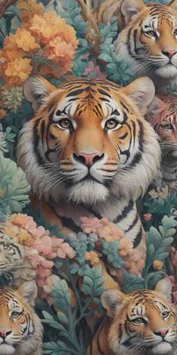 This detailed painting features a central tiger with striking orange fur and black stripes, surrounded by five other tigers partially visible at the edges of the image. The central tiger's face is prominently displayed, showcasing its pink nose, white whiskers, and expressive brown eyes. Its mane is a mix of white and orange, and its body is adorned with black stripes. The background is a vibrant tapestry of orange, pink, and yellow flowers, interspersed with green leaves, creating a lush, colorful setting. The other tigers, though partially cut off, share similar orange fur with black stripes and white facial markings. The painting is rich in detail, with the tigers' faces and the floral background blending seamlessly to create a harmonious and visually captivating composition.