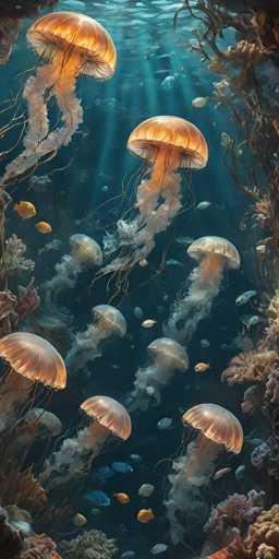 This is a detailed, computer-generated image of an underwater scene, likely in the ocean. The image is vertically oriented, approximately two and a half times taller than it is wide. Dominating the scene are numerous jellyfish, around 10 to 15 in number, with translucent, orangey tops and long, flowing tails. These jellyfish are scattered throughout the image, with some positioned near the top, middle, and bottom, creating a sense of depth. The water is a deep blue, illuminated by sunlight filtering down from the surface, creating a shimmering effect. Surrounding the jellyfish are various types of coral and underwater plants, adding to the rich marine environment. Additionally, there are several small fish, including yellow and blue ones, swimming around the jellyfish, enhancing the dynamic nature of the scene. The overall composition captures the serene yet vibrant underwater world with its diverse marine life.