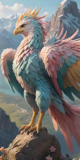This image features a highly detailed, computer-generated depiction of a fantastical bird perched on a rock. The bird, which combines elements of various species, has a striking appearance with a predominantly white head and a sharp, yellow beak. Its eyes are a vivid yellow with black pupils, giving it an intense gaze. The bird's body is adorned with a mix of blue and pink feathers, while its wings showcase a blend of pink, blue, and yellow hues. The tail feathers are predominantly pink with blue accents. The bird's yellow feet, equipped with black talons, grip the rock firmly. The rock itself is brown and is surrounded by pink flowers. In the background, a serene landscape unfolds with a blue sky dotted with white clouds, snow-capped mountains, and a green valley. The overall scene is vibrant and detailed, capturing the essence of a mythical creature in a picturesque natural setting.