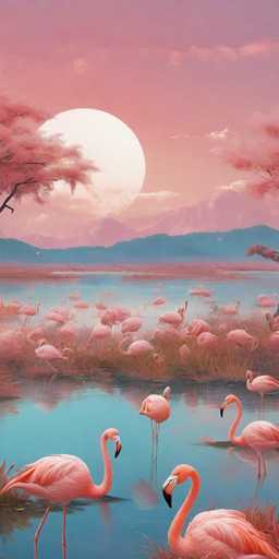 This captivating image, which could be a photograph or a painting, features a serene and vibrant scene dominated by a large flock of pink flamingos. The setting is a tranquil lake, its surface reflecting the soft hues of a pink sky, suggesting either sunrise or sunset. The sky is adorned with a large, glowing white sun, casting a warm pink glow across the entire landscape. 

In the foreground, a group of flamingos is gathered, with some standing in the water and others on the grassy shore. The water is a light blue, adding to the overall tranquility of the scene. The flamingos are depicted in various poses, some with their beaks touching the water, others with their beaks raised. 

The background features a series of mountains, with the closest ones appearing blue and those further away taking on pinkish tones. The mountains are topped with a scattering of clouds, enhancing the dreamy quality of the scene. 

To the left, a tree with pink leaves adds a touch of whimsy, while on the right, a branch with pink leaves extends into the frame. The entire composition is bathed in a soft pink hue, creating a harmonious and enchanting atmosphere.