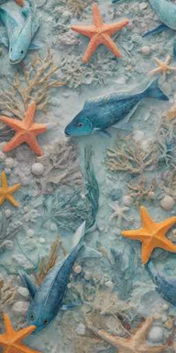 The image depicts a detailed, top-down view of a vibrant underwater scene, likely a painting or a 3D rendering. The central focus is a large, blue fish with a white-tipped tail, swimming towards the left. Surrounding this main fish are three smaller blue fish, each with distinct white-tipped tails, positioned at various angles: one at the top left, another at the bottom left, and the third at the top right. The scene is rich with marine life, featuring numerous orange and yellow starfish scattered throughout the image. The ocean floor is adorned with a variety of coral formations, including beige and white coral, as well as green and blue seaweed. Additionally, the seafloor is dotted with white rocks and shells, enhancing the natural underwater aesthetic. The overall color palette is dominated by shades of blue, orange, and white, creating a harmonious and immersive underwater environment.