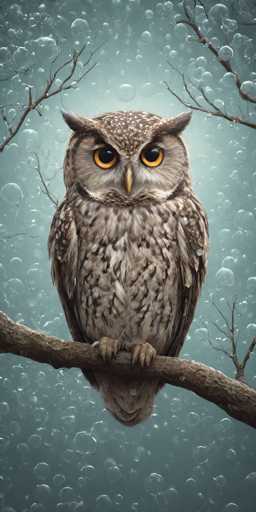 This image features a highly detailed, computer-generated illustration of a large owl perched on a branch. The owl, with its striking orange eyes and yellow beak, gazes directly at the viewer. Its feathers are a mix of brown, white, and gray, with distinctive white spots on its head. The owl's talons are firmly gripping the branch, which extends from the bottom right to the middle left of the image. Surrounding the owl are several smaller branches, some adorned with leaves, while others are bare. The background is a light blue, interspersed with numerous transparent bubbles that give the impression of water droplets or perhaps a snowy scene. The overall composition is vertical, emphasizing the owl's prominent presence against the serene, bubble-filled backdrop.