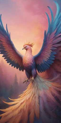 This image is a detailed, computer-generated painting of a majestic phoenix rising from the ashes. The phoenix, with its wings spread wide, dominates the scene, occupying about 80% of the frame. Its body is a striking blend of pink, orange, and blue hues, with a head adorned with yellow feathers that fan out in a mohawk-like style. The bird's beak is a grayish-blue, and its eyes are a vivid yellow. Its legs are blue, ending in sharp, black talons. The tail feathers are a spectacular display of colors, transitioning from yellow to orange, pink, and blue, with hints of purple.

The background features a serene forest with tall, green pine trees silhouetted against a sky that transitions from a pinkish-orange near the horizon to a deeper blue at the top. The sky is dotted with clouds, adding to the ethereal atmosphere. The overall composition is vertical, emphasizing the grandeur of the phoenix against the tranquil, colorful backdrop.