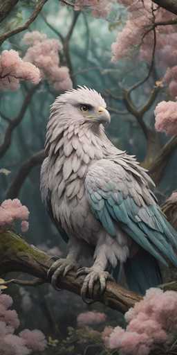 This image is a stunning, highly detailed digital artwork of a majestic eagle. The eagle is perched on a tree branch, with its talons firmly gripping the branch. Its head is turned to the right, showcasing its sharp, curved beak and piercing yellow eyes. The feathers on its head are a light gray, almost white, while the neck and chest are a darker gray. The wings are a lighter gray, with the tips transitioning to a beautiful blue. The tail feathers are predominantly blue, with some gray interspersed. The legs are a lighter gray, and the claws are a darker gray. The background is a dreamy, blurred forest with hints of pink flowers, creating a soft, ethereal atmosphere that contrasts beautifully with the sharp details of the eagle.