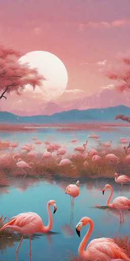 The image depicts a group of flamingos standing on one leg in the water near a pink sunset. The sky is painted with hues of pink and orange, creating a serene atmosphere. The flamingos are scattered across the scene, some closer to the foreground while others are further away, giving a sense of depth and perspective.