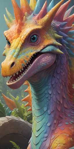 This image features a vibrant, cartoon-style dragon set against a lush, green forest backdrop. The dragon's head is adorned with an array of colorful horns in shades of orange, yellow, blue, and green, which extend down its back. Its scales shimmer in a rainbow palette, transitioning from orange and yellow at the head to blue, purple, and pink along its neck. The dragon's mouth is open, revealing sharp teeth, and it has striking blue eyes. The creature's body is partially visible, with a hint of its tail and a portion of its chest. The background is filled with green leaves and plants, adding to the fantastical and whimsical atmosphere of the scene.