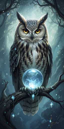 This detailed illustration features a majestic owl perched on a gnarled, dark branch that extends from the bottom left corner of the image. The owl, with its piercing yellow eyes and black pupils, gazes directly at the viewer. Its head is adorned with a striking pattern of blue and white feathers, while its body showcases a blend of brown, black, and white plumage. The owl's wings are folded neatly against its sides, and its talons firmly grip the branch.

In front of the owl, a crystal ball rests on the branch, its surface reflecting light and giving off an ethereal glow. The crystal ball appears to be cracked, adding a mystical element to the scene. Surrounding the owl, the background is filled with a dense forest of dark, shadowy trees, their branches reaching out in various directions. The overall atmosphere is one of mystery and enchantment, with the owl serving as the focal point amidst the shadowy woodland setting.