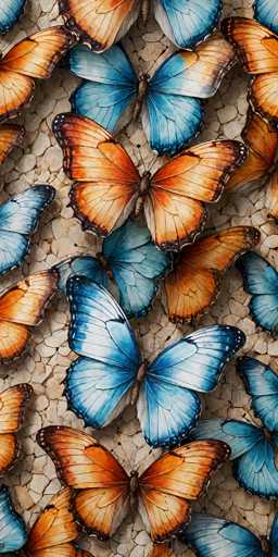 The image depicts a detailed and vibrant painting of butterflies arranged on a textured, stone-like background. The background features a mosaic of light brown, beige, and white stones, creating a natural and earthy setting. The butterflies, numbering around 15 to 20, are predominantly orange and blue, with some displaying a mix of both colors. Each butterfly has distinct black edges on their wings, adding contrast to their vivid hues. The butterflies are scattered across the image, with some overlapping, creating a sense of depth and movement. The overall composition is rectangular, with the longer sides on the left and right, and the shorter sides on the top and bottom. The painting's intricate details and rich colors make it a visually captivating piece.