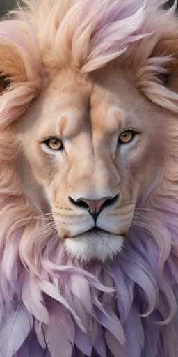 This image features a close-up of a lion's face, capturing its majestic and intense gaze. The lion's fur is predominantly a light brown or tan color, with a striking mane that transitions from a light brown at the top to a soft lavender or light purple at the bottom. The lion's eyes are a captivating golden brown, and its nose is a pinkish hue. The lion's expression is serious, with its mouth closed, and it appears to be looking directly at the viewer. The image is a detailed painting, focusing solely on the lion's face and mane, with no other elements or text present. The overall color palette includes shades of brown, tan, pink, purple, and white, creating a harmonious and visually striking portrait of this powerful animal.