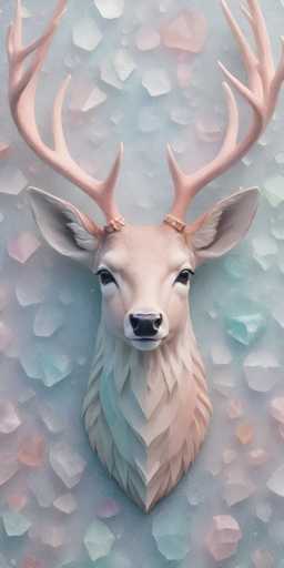 This image features a highly detailed, computer-generated 3D rendering of a deer's head and neck, set against a background of variously colored crystals. The crystal backdrop includes hues of blue, pink, and white, creating a striking contrast with the deer's light pinkish-tan fur. The deer's head is adorned with large, intricate antlers that extend outward and upward, with smaller antlers branching off near the base. The deer's ears are perked up, and its dark brown eyes gaze directly at the viewer. The nose is black, and the mouth is slightly open, revealing a hint of pink inside. The crystal background appears to be suspended in mid-air, adding to the surreal and artistic quality of the image.
