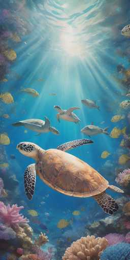 This captivating underwater scene, possibly a painting or a digital artwork, features a vibrant and detailed depiction of marine life. Dominating the foreground is a large sea turtle with a brown shell and black markings on its flippers, swimming towards the left. Surrounding the turtle are several smaller sea turtles, also facing left, with one positioned directly above the larger turtle. The background is a rich tapestry of blue water, illuminated by sunlight streaming down from the surface, creating a gradient from light to dark blue. 

The seafloor is adorned with an array of colorful coral formations in shades of pink, blue, and purple, interspersed with various fish. Yellow fish swim around the coral, while other fish, including some blue ones, are scattered throughout the scene. The overall composition is a harmonious blend of marine elements, capturing the serene beauty of an underwater world.