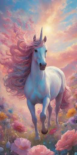 The image depicts a white unicorn with pink and purple mane running through a field of flowers. The background features a sky filled with clouds and the sun shining brightly.