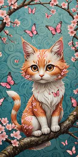 This detailed, computer-generated image features a whimsical, orange and white cat with a fluffy, long-haired coat. The cat, which has striking orange eyes and a pink nose, is perched on a brown tree branch adorned with pink cherry blossoms. Its white chest and paws contrast beautifully with its orange fur, and its tail is a mix of orange and white stripes. The cat's ears are white on the inside, and its face is framed by white whiskers. Surrounding the cat are several pink and white butterflies, adding to the enchanting atmosphere. The background is a serene blue with intricate, swirling patterns, enhancing the overall magical feel of the scene.