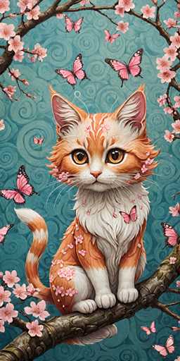 The image features an orange and white cat sitting on a branch adorned with pink flowers. The cat is looking directly at the camera, giving off a sense of curiosity and alertness. The background is a light blue color that complements the cat's fur, creating a harmonious visual effect. There are several butterflies scattered throughout the scene, adding to the overall charm and whimsy of the image.