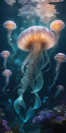 This captivating image showcases a mesmerizing underwater scene, likely set in the ocean or possibly an aquarium. The focal point is a group of eight ethereal jellyfish, with one prominently positioned in the center. These jellyfish exhibit a stunning gradient of colors, transitioning from a light pinkish hue at the top to a darker blue at the bottom. Their delicate tentacles, which are almost translucent, display a mesmerizing blend of blue and purple shades.

The water surrounding the jellyfish is a deep, dark blue, creating a striking contrast with the vibrant colors of the sea creatures. At the bottom of the image, a variety of colorful corals add to the scene's beauty. These corals range in hues from purple and blue to green and brown, with some displaying a mix of colors. The corals are particularly vivid, especially the purple and blue ones, which stand out against the darker background.

The overall composition of the image is both serene and captivating, highlighting the natural beauty of the underwater world and the graceful presence of the jellyfish.