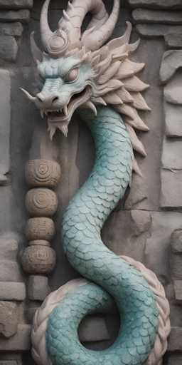 The image depicts a detailed stone carving of a Chinese dragon, intricately set against a backdrop of gray stone bricks. The dragon's body, adorned with light blue scales, spirals from the bottom of the image, curling left and right before rising towards the top. Its head, positioned at the upper center, features a fierce expression with sharp teeth, a protruding tongue, and menacing eyes. The dragon's head is crowned with two prominent horns and flanked by a mane of light brown, feather-like scales. To the left of the dragon, four circular stone carvings are vertically aligned, each with unique designs. The entire scene is framed by the textured gray stone bricks, enhancing the ancient and mythical aura of the artwork.