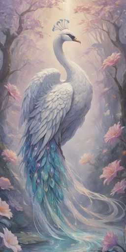 This image is a detailed, fantasy-style painting of a majestic white swan with a striking blue crest on its head. The swan, which has a yellow beak and a black eye, is depicted with its back turned to the viewer, but its head is gracefully turned to the right, gazing over its shoulder. Its wings are neatly folded against its body, and its long, flowing tail feathers cascade down into a serene, blue pond. The tail feathers are predominantly white with hints of blue and purple, adding to the ethereal quality of the scene. The pond is surrounded by lush, dark trees adorned with vibrant pink and purple flowers, creating a dreamy, almost magical atmosphere. The overall composition is vertical, emphasizing the swan's elegant posture and the enchanting, fantastical setting.