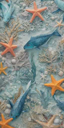 The image shows a vibrant underwater scene with various sea creatures and coral. The background is a light beige color that contrasts with the bright colors of the sea life. On the left side of the image, there are two blue fish swimming close together in front of a large orange starfish. In the center of the image, there is a small blue fish surrounded by several other fish and coral pieces. The right side of the image features an orange starfish facing towards the top left corner.