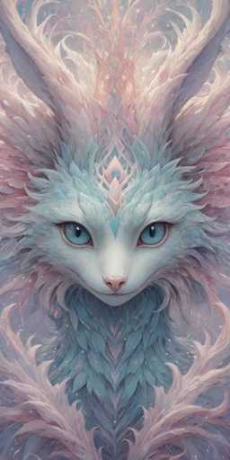 This image features a highly detailed, computer-generated depiction of a fantastical creature that combines elements of a cat, fox, and bunny. The creature's face is predominantly white with striking blue eyes and a pink nose. Its fur is a blend of light blue, pink, and white, giving it a soft, ethereal appearance. The creature has long, pointed ears that extend upwards and outwards, resembling those of a rabbit or fox. Its mane is a mix of pink and blue, adding to its mystical aura. The creature's neck is adorned with a blue feather-like pattern, and its body is covered in a combination of blue and pink fur. The background is a blend of light blue and pink hues, enhancing the dreamlike quality of the image. The overall composition is vertical, emphasizing the creature's elongated features and magical presence.