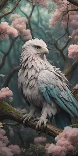 A white eagle with blue wings is perched on a tree branch covered in pink flowers. The background is a dark green color that contrasts with the bird's white feathers and the vibrant pink of the flowers.