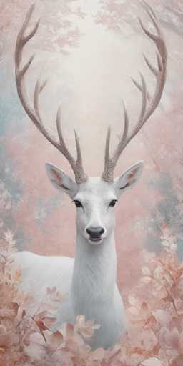 The image shows a white deer with large antlers standing in front of trees and bushes. The deer is facing the camera directly, giving a clear view of its features. The background is a light pink color that complements the white fur of the deer.