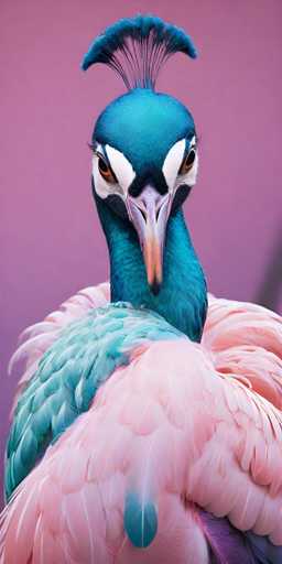 A stunning, AI-generated image features a bird with an intricate blend of colors and textures. The bird's head is adorned with vibrant blue feathers, complemented by a striking crest of blue feathers that fan out from the top. Its eyes are a captivating orange, framed by delicate white patches that extend from the eyes to the beak. The beak itself is a subtle blend of white and orange, adding to the bird's unique appearance. The neck and upper chest area are covered in a rich blue plumage, which transitions into a body cloaked in soft, pink feathers. The pink feathers are particularly striking, with a single blue feather interspersed among them. The bird's back showcases a harmonious mix of blue and pink feathers, creating a visually appealing contrast. The background of the image is a solid pink, which enhances the bird's colorful features. A small black area is noticeable on the right side of the image, adding depth to the composition. The overall effect is a mesmerizing and surreal portrayal of a bird that seems almost too perfect to be real, highlighting the capabilities of AI in creating fantastical and beautiful imagery.