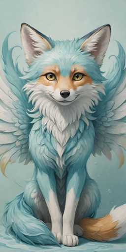 This image features a whimsical, fantasy creature that appears to be a hybrid between a fox and a bird. The creature is predominantly blue, with a striking white beard and a face that combines fox-like and bird-like features. Its eyes are a captivating yellow, and it has a black nose. The creature's body is covered in blue fur, with white legs and a bushy tail that is half blue and half brown. It also has two sets of wings: one set is blue, matching its body, while the other set is white. The background of the image is a light blue, complementing the creature's coloration. The overall appearance is both surreal and enchanting, blending elements of different animals into a unique and fantastical being.