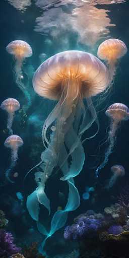 The image shows a group of jellyfish floating in the ocean. There are at least eight jellyfish visible, with varying sizes and colors. The largest jellyfish is positioned on the left side of the frame, while the smallest one is located towards the right. The background features a dark blue color that contrasts with the white and orange hues of the jellyfish, creating a visually striking scene.