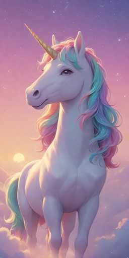 The image depicts a majestic unicorn standing on a bed of clouds, set against a vibrant sky that transitions from deep purple at the top to a lighter pink near the horizon. The unicorn, with its pristine white coat, features a striking golden horn that spirals elegantly from its forehead. Its mane and tail are a mesmerizing blend of colors, flowing with shades of pink, blue, green, and purple. The unicorn's eyes are a captivating grayish-purple, adding to its ethereal appearance. In the background, a glowing yellow sun peeks out from behind the clouds, casting a warm light over the scene. The overall composition is a harmonious blend of whimsical and serene elements, creating a dreamlike atmosphere.