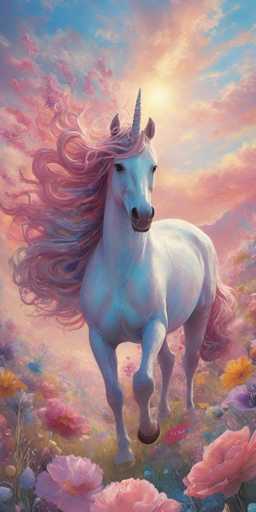 This detailed painting features a majestic white unicorn with a prominent horn on its forehead, standing in a lush, vibrant field. The unicorn's flowing mane and tail are a striking pink, cascading down its body. Its expressive black eyes and nose contrast beautifully with its pristine white coat. The unicorn is depicted in mid-stride, with its front legs slightly raised, giving a sense of movement and grace. Surrounding the unicorn is a colorful array of flowers, including pink, yellow, blue, and purple blooms, with green grass peeking through. The sky above is a serene blue, adorned with pink and white clouds, and the sun shines brightly, casting a warm glow over the scene. The overall composition is vertical, emphasizing the height and elegance of the unicorn as it stands amidst the floral meadow.