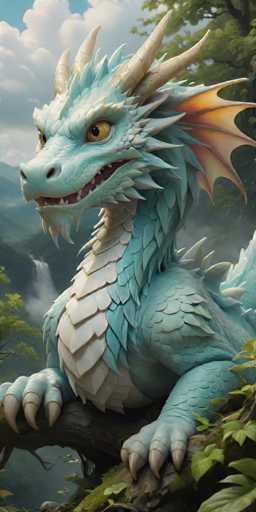 The image shows a blue dragon statue with orange wings and horns perched on a tree branch. The dragon is facing the camera directly, giving an impression of being aware of its surroundings. The background features a lush green forest filled with trees and bushes, providing a natural setting for the dragon's location.