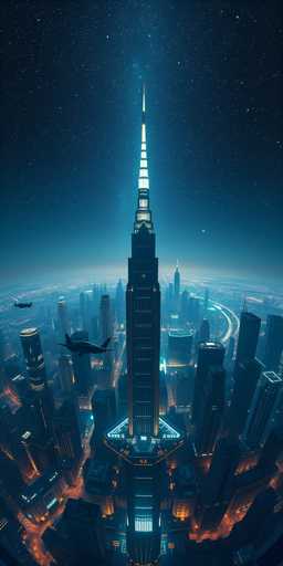 This image is a detailed, computer-generated illustration of a futuristic cityscape at night. Dominating the scene is an exceptionally tall skyscraper, reminiscent of the Empire State Building, with a pointed top that glows brightly. The skyscraper is surrounded by numerous other tall buildings, creating a dense urban environment. The night sky is filled with stars, adding a serene backdrop to the bustling city below. In the foreground, the streets are illuminated by the headlights of numerous cars, and a few planes can be seen flying overhead. The overall color palette is dominated by shades of blue, black, and white, with the skyscraper itself emitting a striking blue light. The image captures a sense of advanced urban development and futuristic architecture, blending elements of science fiction with a detailed, photorealistic style.