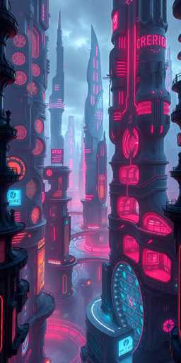 The image presents an urban landscape dominated by a futuristic cityscape with buildings exhibiting neon colors and unique architectural designs. The buildings have circular windows that reflect the surrounding environment, creating a sense of depth in the scene. The sky above is filled with clouds, adding to the overall atmosphere of the city. There are no discernible texts or human figures present in the image.