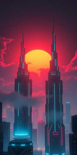 This image depicts a futuristic cityscape at sunset, characterized by two towering skyscrapers that dominate the scene. These skyscrapers, which are black with neon blue and green lights, feature numerous windows and spires that extend upwards, giving them a distinctive, otherworldly appearance. The sky is a blend of dark blue and red hues, with the setting sun casting a warm yellow glow that contrasts with the cool tones of the buildings. Surrounding the skyscrapers are smaller buildings, also illuminated with neon lights, adding to the vibrant, high-tech atmosphere. The scene is enveloped in a misty fog, which enhances the ethereal quality of the image. The overall composition, with its vivid colors and detailed architecture, suggests a setting from a video game or a digital artwork, evoking a sense of a sci-fi metropolis.