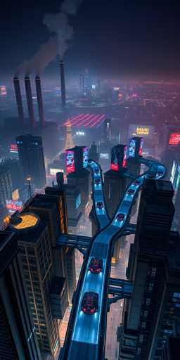 The image presents an aerial view of a city at night, with the sky illuminated by bright lights and neon signs. The cityscape is densely populated with tall buildings, their windows glowing with various colors from the artificial lighting. A highway runs through the center of the frame, with multiple lanes filled with cars moving in different directions. The image does not contain any discernible text or countable objects, but it does provide a sense of depth and scale to the city's layout.