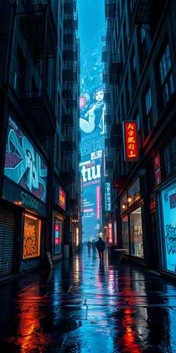 This image depicts a vibrant, futuristic cityscape that appears to be set in an Asian metropolis, possibly Japan or China. The scene is dominated by towering skyscrapers adorned with large, illuminated billboards and signs, some of which feature Asian characters. The most prominent billboard showcases a woman in a black dress with white stockings, sitting with her legs spread and one arm resting on her knee. The street below is wet, reflecting the bright lights and adding a shimmering effect to the scene. The atmosphere is dark, suggesting it is either nighttime or dusk, with a clear blue sky visible in the background. The street is populated with people, some walking and others standing, adding to the bustling urban ambiance. The overall aesthetic is reminiscent of a cyberpunk or dystopian future, blending elements of traditional Asian culture with a modern, high-tech city environment.
