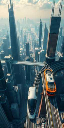 The image presents an aerial view of a cityscape with two vehicles - an orange car and a white train - traveling on a track that cuts through the heart of the city. The city is densely populated with tall buildings, including skyscrapers reaching towards the sky. The perspective of the photo is from above, providing a bird's eye view of the urban landscape below.