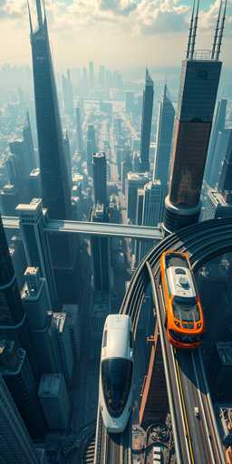 This image depicts a futuristic cityscape with towering skyscrapers that seem to pierce the sky. The scene is dominated by a network of elevated train tracks, reminiscent of the L train in Chicago, but more advanced and sleek. Two trains are visible: one is white with a black front, and the other is orange with a white top. The orange train appears to be on a circular track, while the white train travels on a straight line. The city is shrouded in a light fog, adding to the ethereal atmosphere, and the sky is dotted with clouds. The overall aesthetic suggests a highly advanced urban environment, possibly from a video game or a futuristic vision.