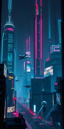 The image depicts a futuristic cityscape at night with neon lights illuminating the buildings and streets below. The perspective is from a window on the ground level, looking up towards the towering structures that dominate the scene. In the foreground, there are two cars parked along the street, adding to the urban atmosphere of the photograph.