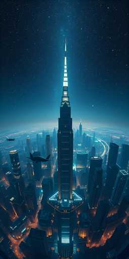 The image shows an aerial view of a city at night with a tall skyscraper as the focal point. The skyscraper is illuminated by blue lights and stands out against the dark sky. Below it, other buildings are also lit up in various colors, creating a vibrant contrast to the dark surroundings. The perspective of the photo is taken from below, looking up towards the towering structure.