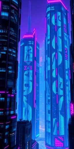 A vibrant, futuristic cityscape bathed in a neon glow. Towering skyscrapers dominate the scene, their facades adorned with glowing blue and pink neon lights in intricate patterns. The buildings are densely packed, creating a sense of depth and scale. 

The overall color palette is dominated by cool blues and vibrant pinks, with hints of purple in the background. The lighting creates a dramatic atmosphere, highlighting the sleek, futuristic architecture and casting long shadows in the neon-lit streets. 

The image is highly detailed, showcasing intricate patterns and textures on the building facades. The perspective is a slightly low-angle view, emphasizing the height of the skyscrapers and creating a sense of awe. 

The overall mood is one of futuristic energy, with the neon lights creating a dynamic and visually stunning scene.