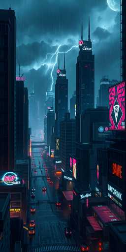 This image depicts a futuristic cityscape at night, characterized by towering skyscrapers that dominate the skyline. The scene is bathed in a dark blue hue, with the sky filled with ominous, dark clouds. A dramatic lightning bolt pierces through the clouds, illuminating the city below. The streets are bustling with traffic, and the buildings are adorned with vibrant neon signs in shades of pink, red, and white, adding a touch of color to the otherwise monochromatic scene. The overall atmosphere is dark and moody, with the contrast between the illuminated signs and the shadowy structures creating a striking visual effect.