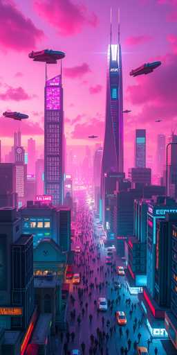 A vibrant, futuristic cityscape bathed in a pink and purple sunset dominates the image. Sleek, neon-lit skyscrapers pierce the sky, connected by elevated walkways and bustling with people. Flying vehicles zip between buildings, creating a dynamic sense of motion. The overall style is highly stylized and digital, emphasizing bold colors and sharp lines.