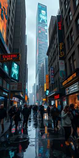 A bustling city street scene, likely in Japan, is captured in this photograph. The street is lined with tall buildings on both sides, adorned with various signs and advertisements. Dominating the center of the image is a towering skyscraper, its facade illuminated with vibrant blue and red lights, and a striking blue and white skeleton design. The sky above is a light blue, adding a serene backdrop to the urban setting.

The street below is teeming with people, most of whom are dressed in dark clothing, suggesting a cool day. On the right side of the street, a woman stands out in a white jacket, holding a phone. The wet pavement reflects the lights from the buildings and signs, creating a shimmering effect. In the distance, cars are visible, adding to the sense of a busy, active city life.