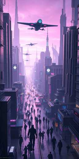 This image depicts a futuristic cityscape with a distinct purple hue, possibly due to the lighting or a filter. The scene is viewed from an elevated perspective, looking down a wide, multi-lane street lined with towering skyscrapers on both sides. The street is bustling with people walking along the sidewalks and others in the middle of the road, suggesting a mix of pedestrians and possibly some floating vehicles. The buildings are adorned with neon signs and billboards, adding to the vibrant atmosphere. In the sky, five sleek, futuristic airplanes with pointed wings and blue circular lights on their noses are flying in formation, enhancing the advanced, sci-fi feel of the scene. The overall aesthetic is reminiscent of a cyberpunk or dystopian world, blending elements of advanced technology with a somewhat chaotic urban environment.