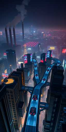 The image depicts a bustling, futuristic cityscape at night, characterized by its towering skyscrapers and intricate network of elevated highways. The scene is dominated by a complex road system that splits into three distinct paths, each adorned with sleek, black sports cars featuring striking red headlights and taillights. These roads are illuminated by a soft blue glow, enhancing the high-tech ambiance. The city's skyline is punctuated by numerous skyscrapers, some of which emit plumes of smoke from their tops, adding to the industrial feel. The night sky is a deep black, contrasting with the vibrant city lights. In the background, a prominent billboard displays the word "Yankee" in bold yellow letters, while another sign features a red background with a white circle and a blue interior, possibly depicting a character. The overall scene is a blend of urban energy and futuristic design, with a hint of industrial pollution contributing to the atmospheric depth.